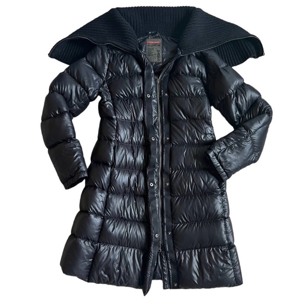 Prada Women’s Wool Knit Collared Cowl Black Down Puffer Parka Jacket Size EU 40